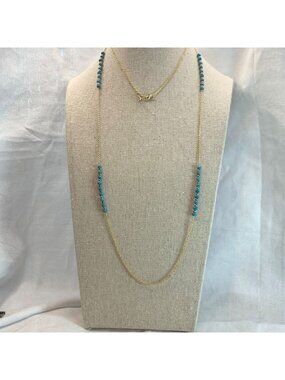 Necklace w/ Turquoise Gold Bead Sections 36" Long Gold Over Sterling Silver 925